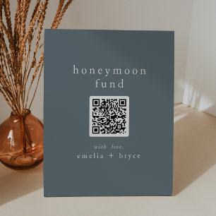 EMELIA QR Code Navy Boho Wedding Honeymoon Fund Pedestal Sign