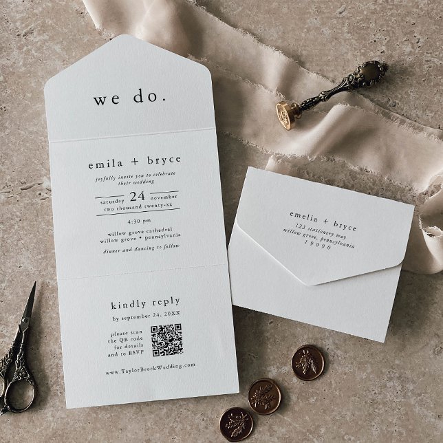EMELIA QR Code White Black Rustic Simple Wedding All In One Invitation (EMELIA QR Code White Black Rustic Simple Wedding All In One Invitation)