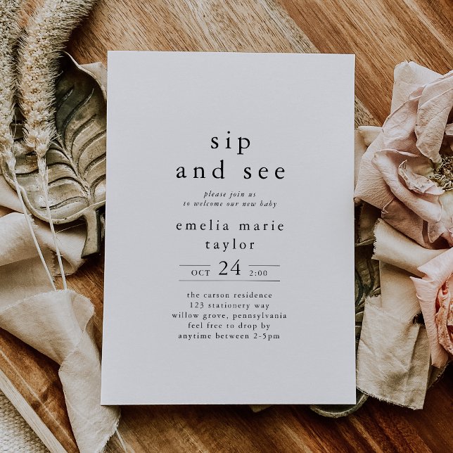 EMELIA Unique Neutral Boho White Black Sip and See Invitation (EMELIA Unique Neutral Boho White Black Sip and See Invitation)