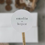 EMELIA Unique Neutral White Black Rustic Wedding Classic Round Sticker<br><div class="desc">These unique neutral white and black rustic wedding stickers are perfect for a minimalistic wedding. 

The black and white design features modern boho unadorned typography with a unique minimalist style.

Personalise the label with the names of the couple.</div>