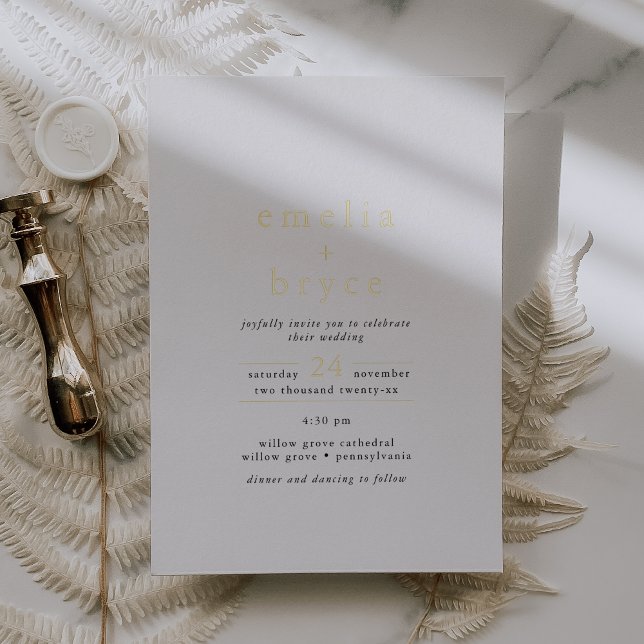 EMELIA White Black Gold Foil Neutral Boho Wedding (EMELIA White Black Gold Foil Neutral Boho Wedding Foil Invitation)