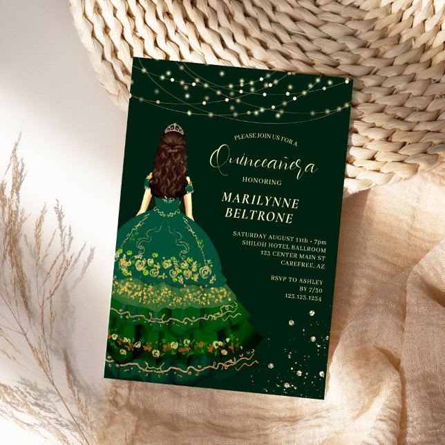 Emeral Green and Gold Princess Quinceañera Invitation (Creator Uploaded)