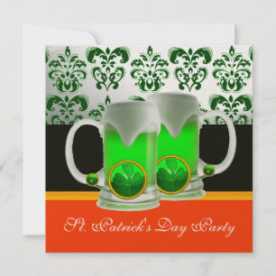 EMERAL GREEN WHITE  DAMASK ,SHAMROCK ,Black Orange Invitation