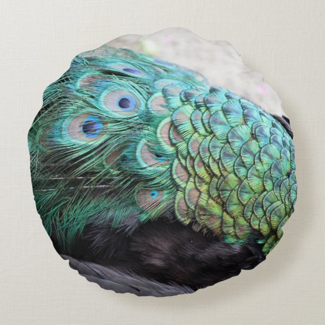 Emerald and Beige Elegant Round Peacock Feathers Cushion (Back)