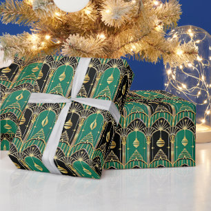 Emerald and Black Art Deco Holiday Pattern Wrapping Paper