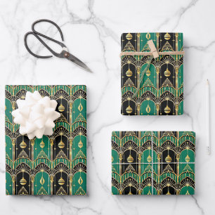 Emerald and Black Art Deco Holiday Pattern Wrapping Paper Sheet