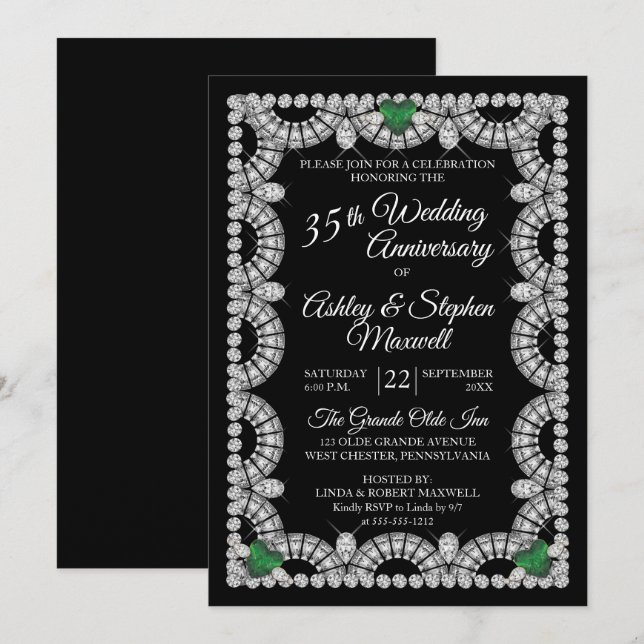 Emerald and Diamond 35th Wedding Anniversary Party Invitation (Front/Back)