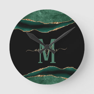 EMERALD AND GOLD AGATE MONOGRAM   ROUND CLOCK