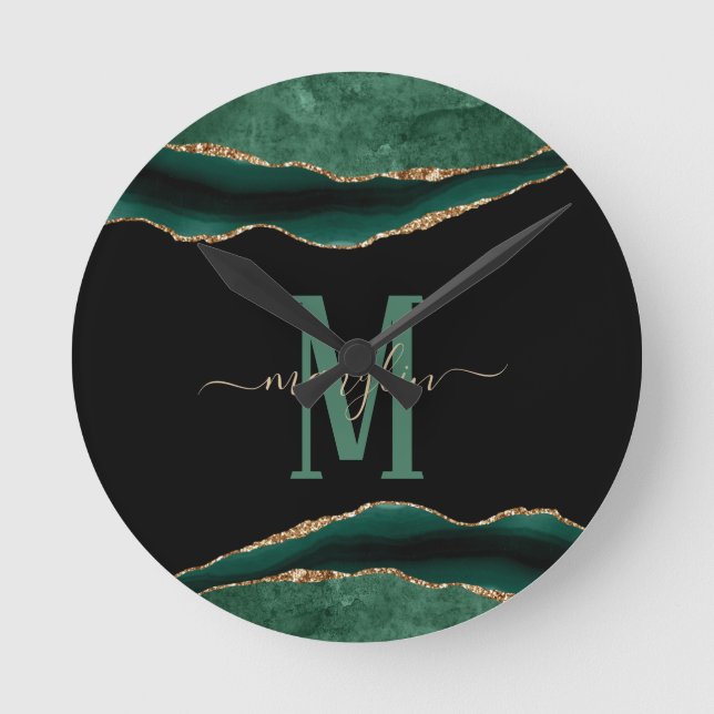 EMERALD AND GOLD AGATE MONOGRAM   ROUND CLOCK (Front)