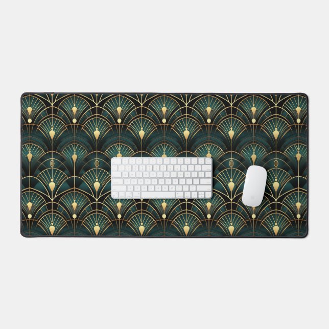 Emerald and Gold Art Deco Patterned Desk Mat (Keyboard & Mouse)