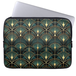 Emerald and Gold Art Deco Patterned Laptop Sleeve