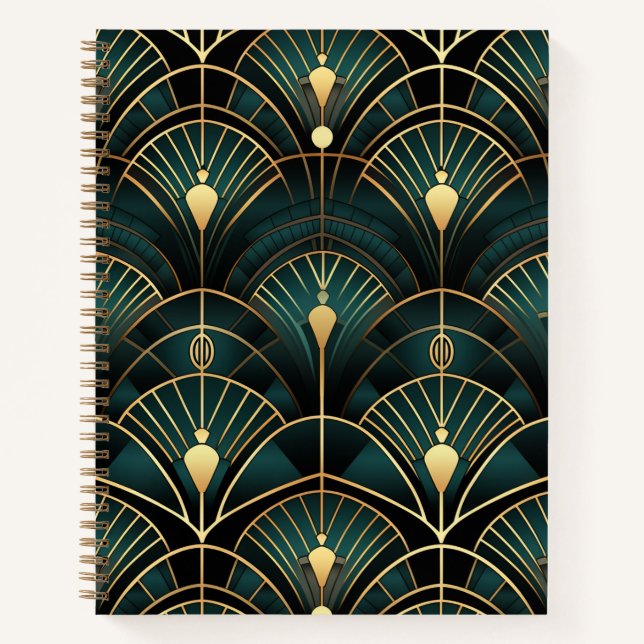 Emerald and Gold Art Deco Patterned Spiral Notebook (Front)