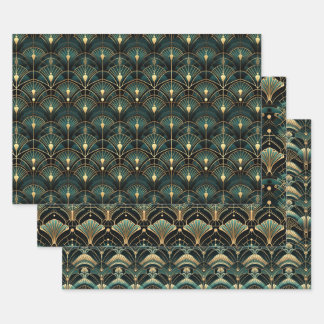 Emerald and Gold Art Deco Set of Wrapping Paper Sheet