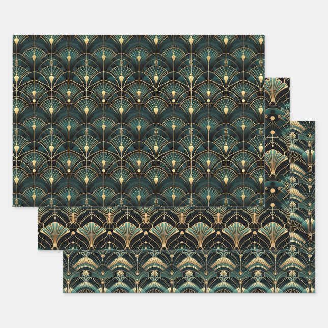 Emerald and Gold Art Deco Set of Wrapping Paper Sheet (Set)