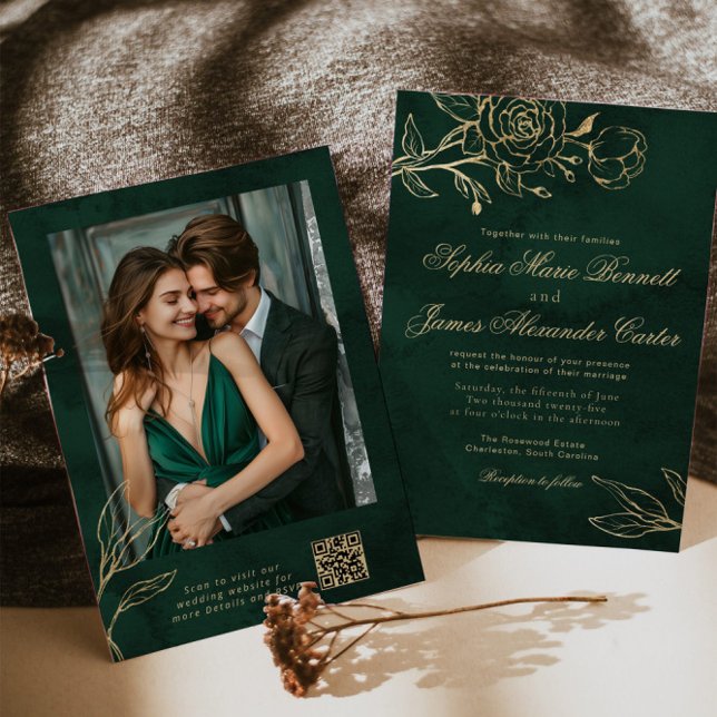 Emerald and Gold Elegant Botanical Photo Wedding Invitation (Creator Uploaded)
