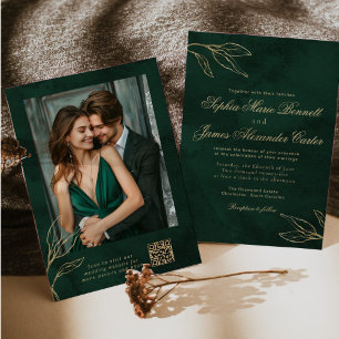 Emerald and Gold Elegant Botanical Photo Wedding Invitation