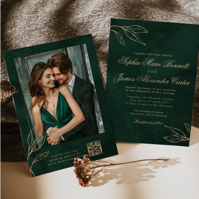 Emerald and Gold Elegant Botanical Photo Wedding Invitation (Creator Uploaded)