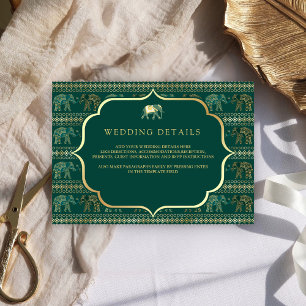 Emerald and Gold Elephant Indian Wedding Details Enclosure Card