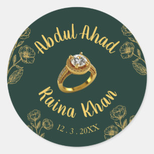 Emerald and Gold Floral Engagement Ring  Classic Round Sticker