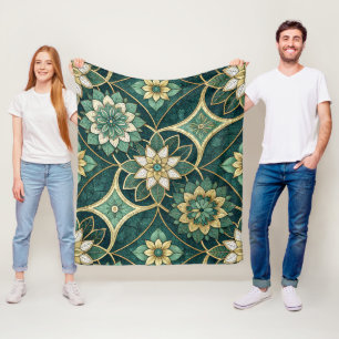 Emerald and Gold Floral Mandala - Ornamental Fleece Blanket