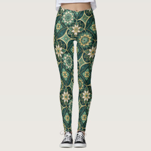 Emerald and Gold Floral Mandala - Ornamental Leggings
