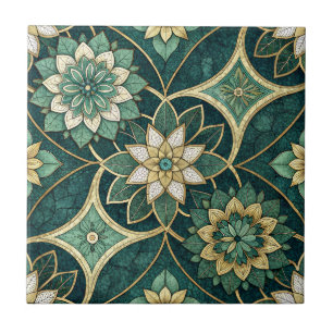 Emerald and Gold Floral Mandala - Ornamental Tile