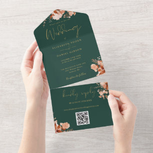 Emerald And Gold Floral QR Code Fall Wedding All In One Invitation