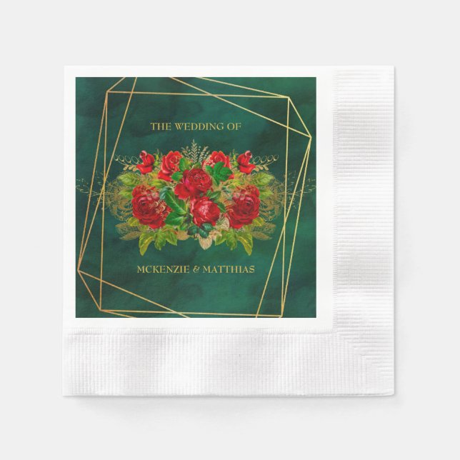 Emerald and Gold Geometric With Red Florals Napkin (Front)