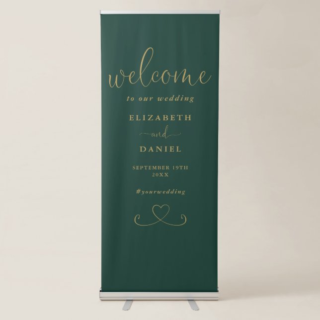 Emerald And Gold Heart Script Wedding Welcome Retractable Banner (Front)