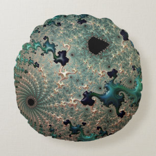 Emerald and Gold Mandelbrot Round Cushion