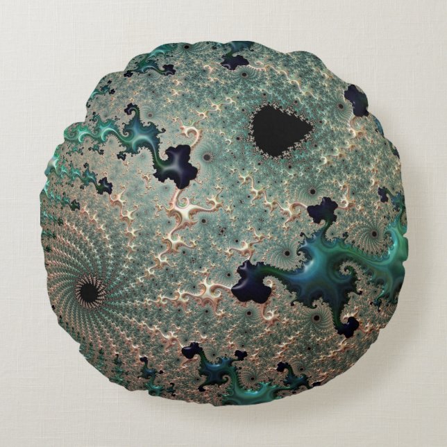 Emerald and Gold Mandelbrot Round Cushion (Front)