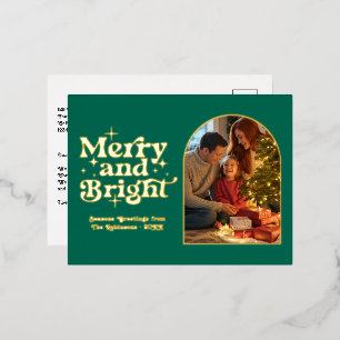 Emerald and Gold Merry and Bright Retro Christmas Foil Holiday Postcard