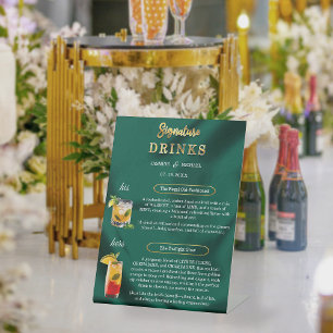 Emerald and Gold Minimal Wedding Signature Drinks Pedestal Sign