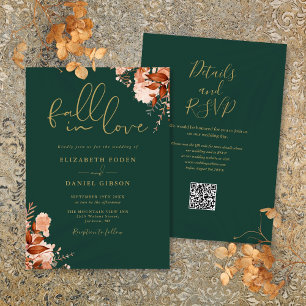 Emerald And Gold Rustic Floral QR Code Wedding Invitation