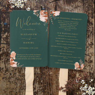 Emerald And Gold Rustic Floral Wedding Program Hand Fan