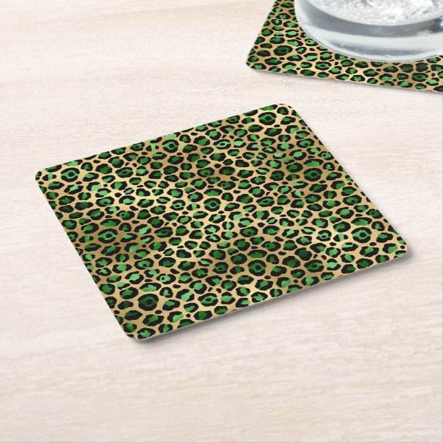 Emerald and Gold Safari Series Design 8 Square Paper Coaster (Angled)