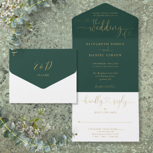 Emerald And Gold Script Hearts Minimalist Wedding All In One Invitation