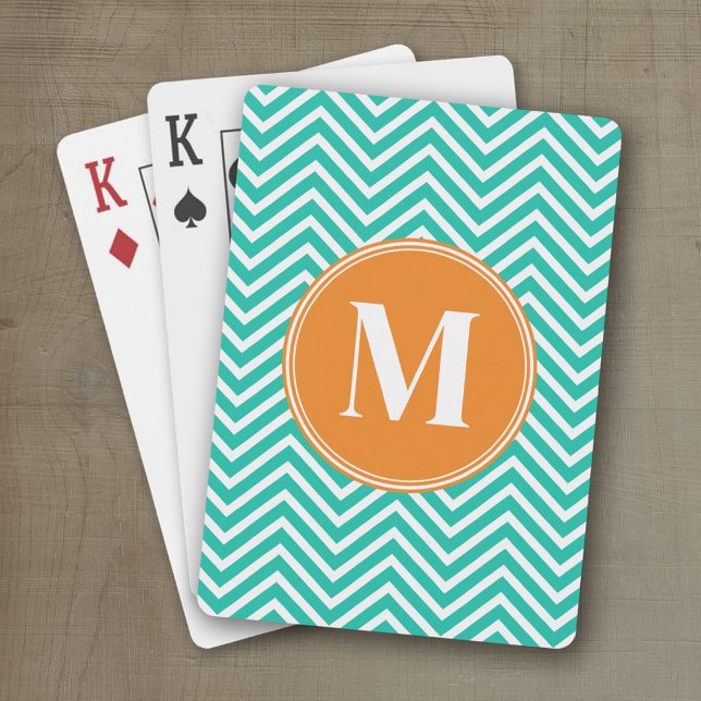 Emerald and Orange Chevrons Custom Triple Monogram Playing Cards (Personalized playing cards with monogram or custom text)