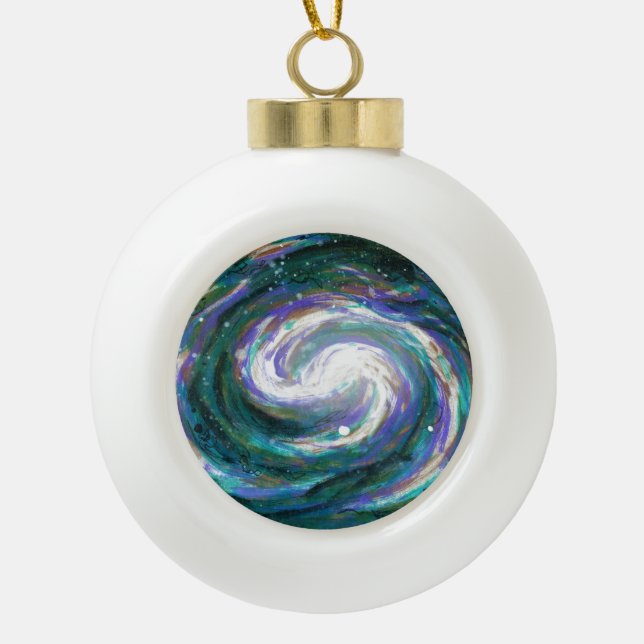 Emerald and Purple Galaxy Ceramic Ball Christmas Ornament (Front)