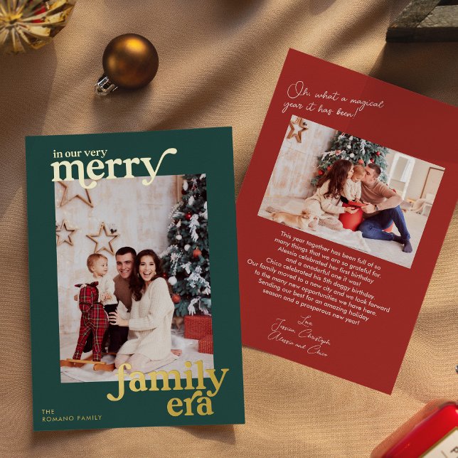 Emerald and Red Very Merry Family Era Retro Photo Foil Holiday Card (Creator Uploaded)