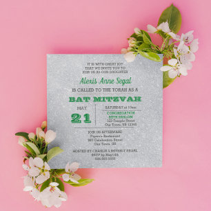 Emerald and Silver Glitter Glam Bat Mitzvah Invitation