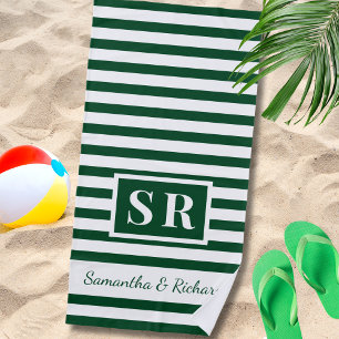 Emerald And White Striped Monogram Wedding Couple Beach Towel