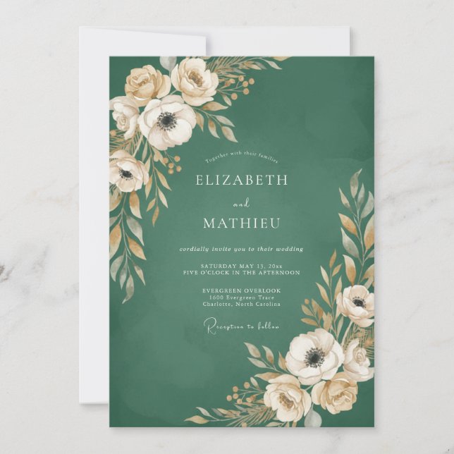 Emerald Anemone Leafy Wedding Invitation (Front)