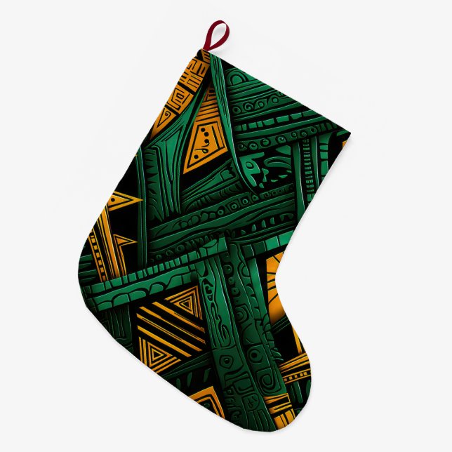 Emerald Ankara Elegance - Green African Ankara  Large Christmas Stocking (Front (Hanging))