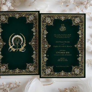 Emerald Antique Gold & Jewelled Islamic Wedding Invitation