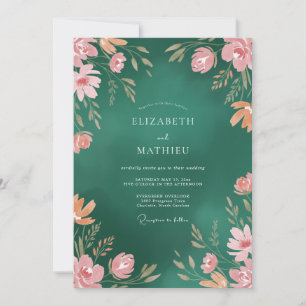 Emerald Apricot Leafy Wedding Invitation