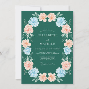 Emerald Apricot Ranunculus Eucalyptus Wedding Invitation