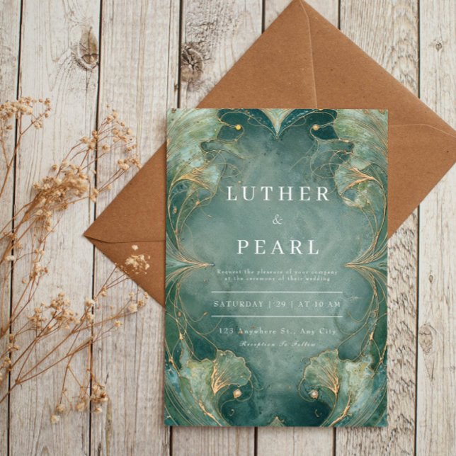 Emerald Art Nouveau Ginkgo Wedding Invitation (Creator Uploaded)