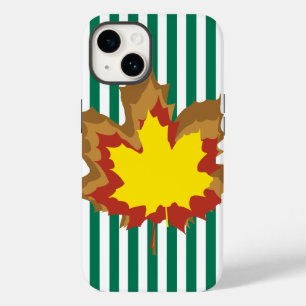 Emerald Autumnal Stripes with Leaves Case-Mate iPhone 14 Case