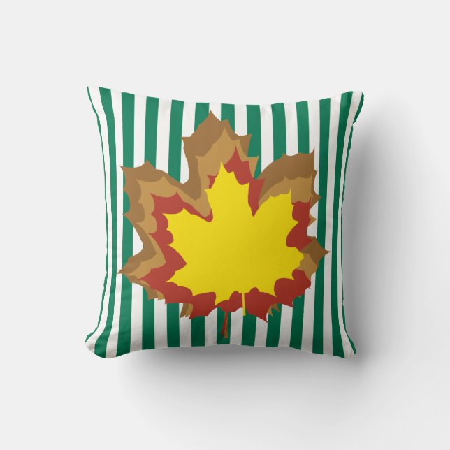 Emerald Autumnal Stripes with Leaves Cushion (Front)